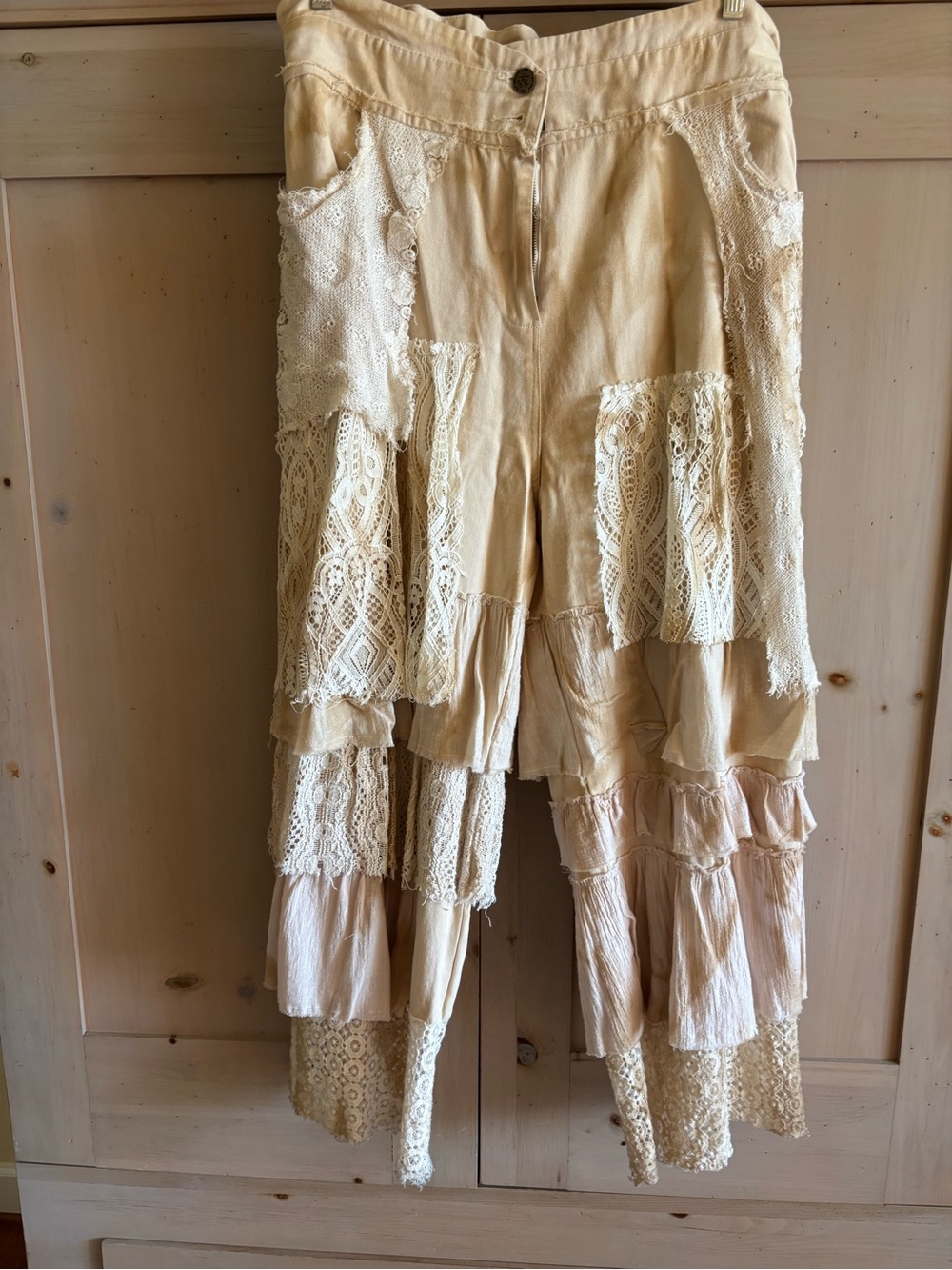 Bohemian Cream Lace Tiered Wide-Leg Pants